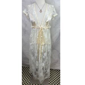 Vtg Claire Pettibone Ethereal Lace Peignoir Set Sheer Robe Gown Dress S Bridal
